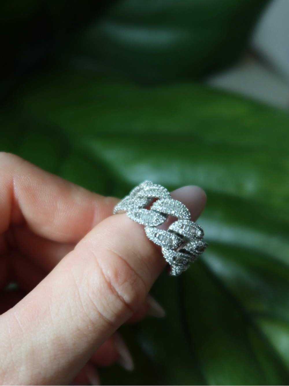 925 Sterling Silver Cuban Link Pavé Statement Ring